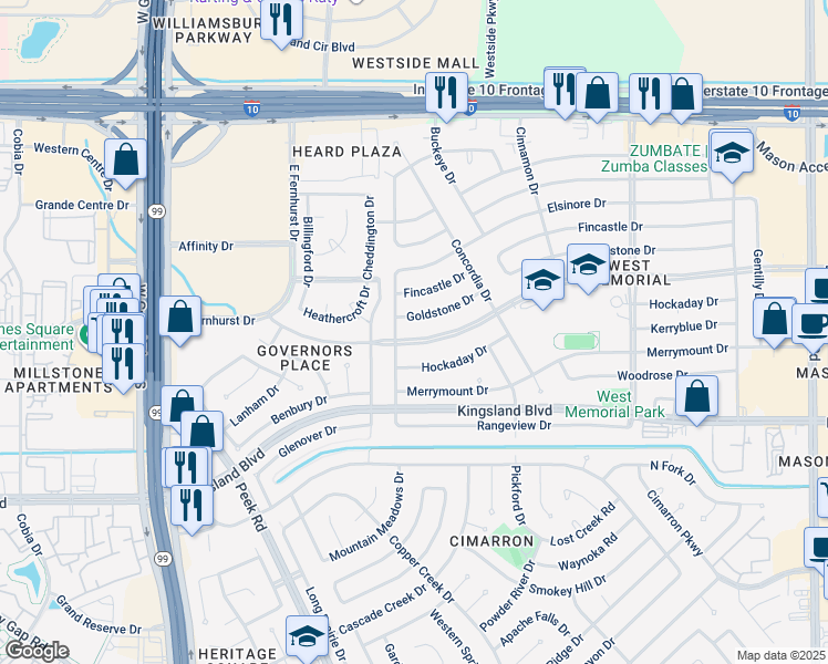 map of restaurants, bars, coffee shops, grocery stores, and more near 22826 Provincial Boulevard in Katy