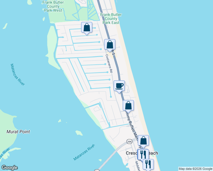 map of restaurants, bars, coffee shops, grocery stores, and more near 221 Barco Road in St. Augustine