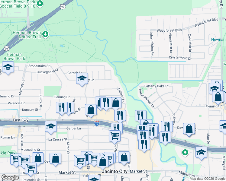 map of restaurants, bars, coffee shops, grocery stores, and more near 11058 Lafferty Oaks Street in Houston
