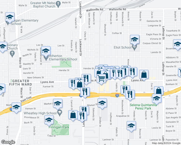 map of restaurants, bars, coffee shops, grocery stores, and more near 1805 Sam Wilson Street in Houston