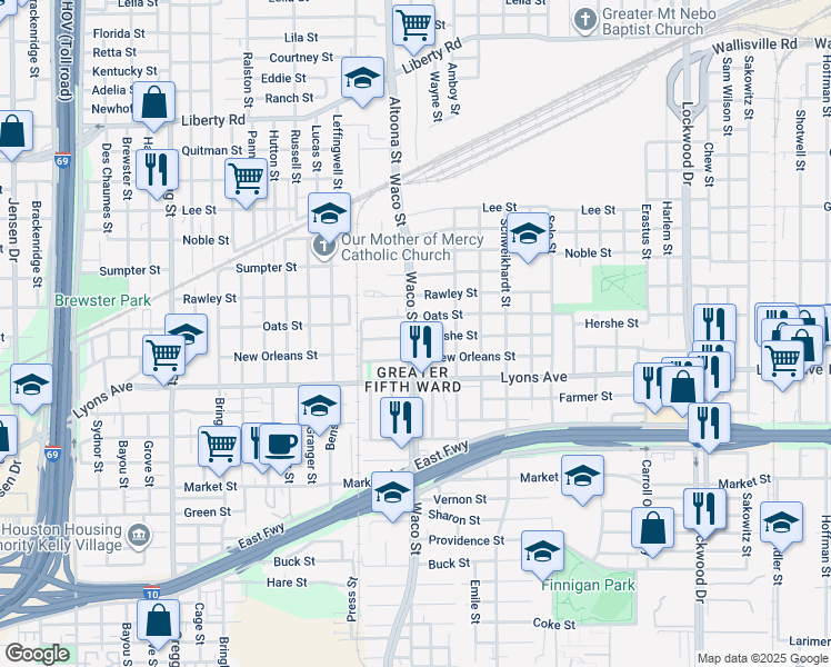 map of restaurants, bars, coffee shops, grocery stores, and more near in Houston