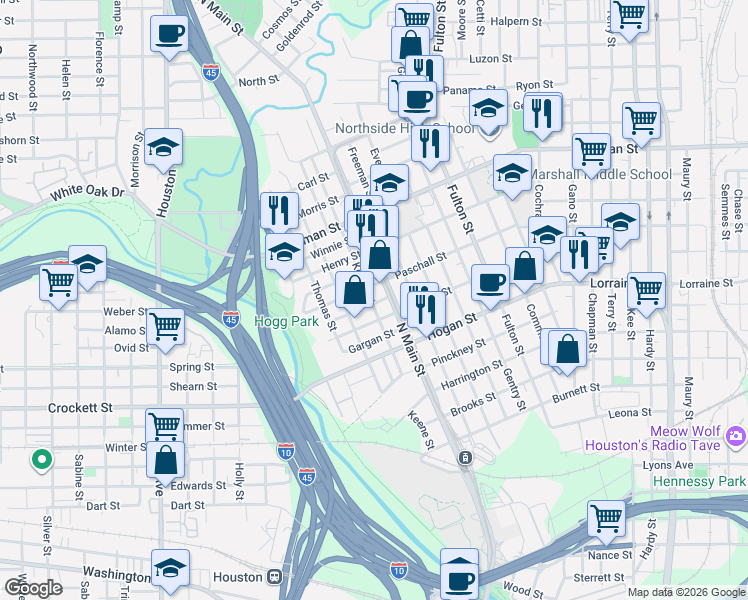 map of restaurants, bars, coffee shops, grocery stores, and more near 2016 North Main Street in Houston