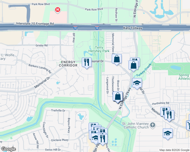 map of restaurants, bars, coffee shops, grocery stores, and more near 15377 Memorial Drive in Houston