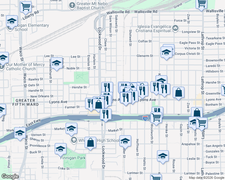 map of restaurants, bars, coffee shops, grocery stores, and more near 1704 Sam Wilson Street in Houston