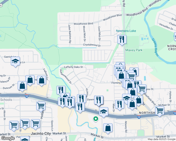 map of restaurants, bars, coffee shops, grocery stores, and more near 734 Coolwood Drive in Houston
