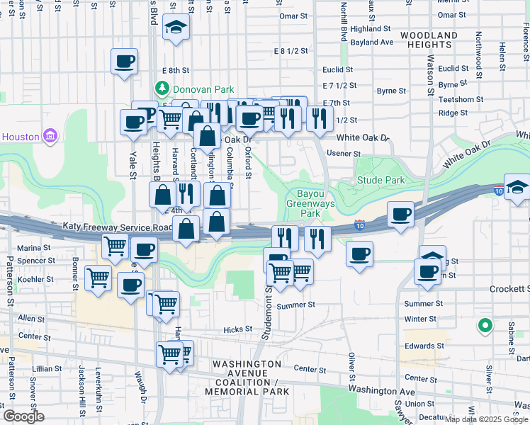 map of restaurants, bars, coffee shops, grocery stores, and more near 404 Oxford Street in Houston