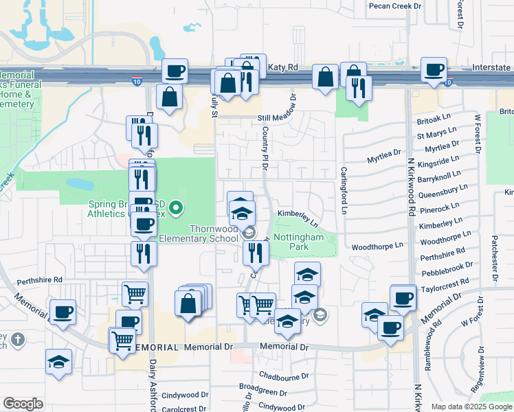 map of restaurants, bars, coffee shops, grocery stores, and more near 1015 Country Place Drive in Houston