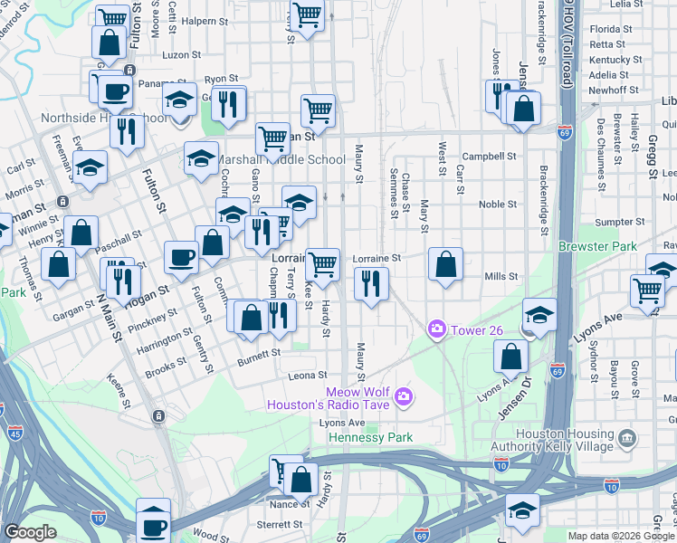 map of restaurants, bars, coffee shops, grocery stores, and more near 1802 Elysian Street in Houston