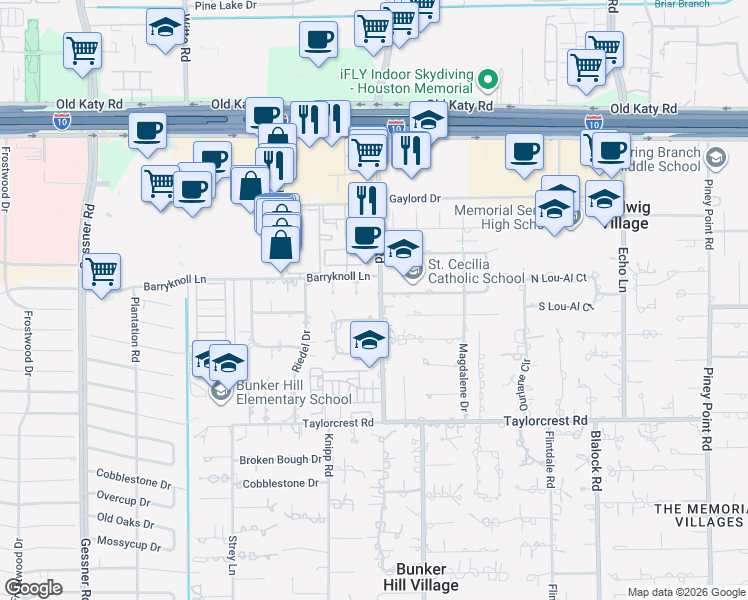 map of restaurants, bars, coffee shops, grocery stores, and more near 837 Bunker Hill Road in Houston