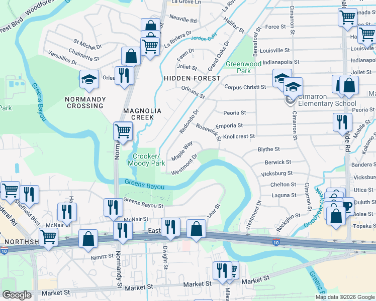 map of restaurants, bars, coffee shops, grocery stores, and more near 606 Maple Way in Houston