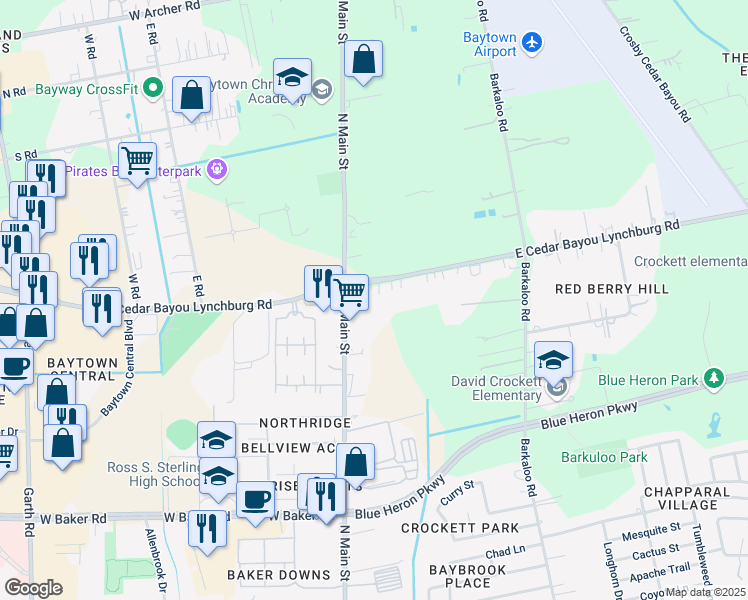 map of restaurants, bars, coffee shops, grocery stores, and more near 40 East Cedar Bayou Lynchburg Road in Baytown