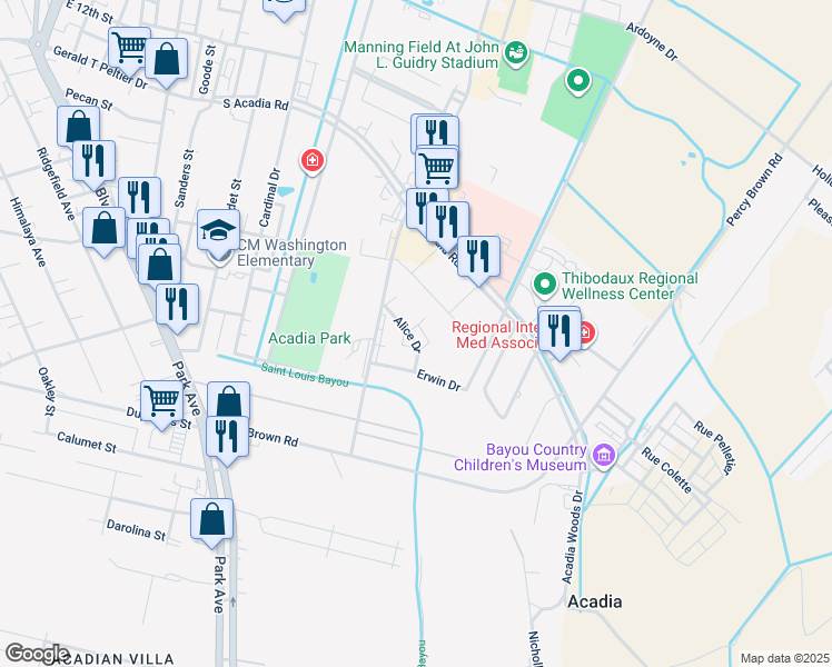 map of restaurants, bars, coffee shops, grocery stores, and more near 103 Alice Drive in Thibodaux