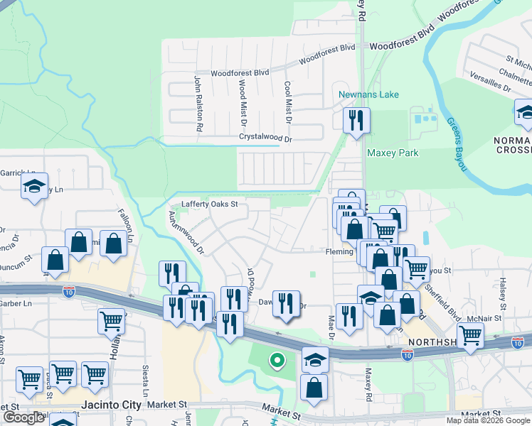 map of restaurants, bars, coffee shops, grocery stores, and more near 734 Coolwood Drive in Houston
