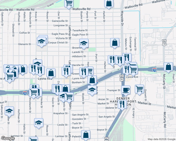map of restaurants, bars, coffee shops, grocery stores, and more near 7120 Brownwood Street in Houston