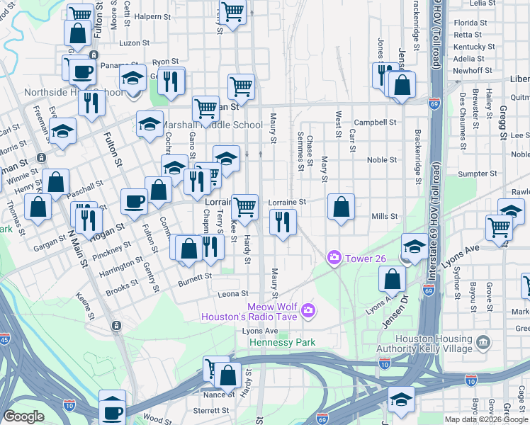 map of restaurants, bars, coffee shops, grocery stores, and more near 1802 Elysian Street in Houston