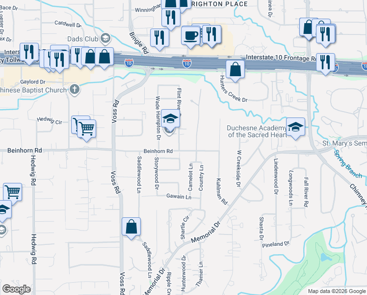 map of restaurants, bars, coffee shops, grocery stores, and more near 802 Flint River Drive in Houston