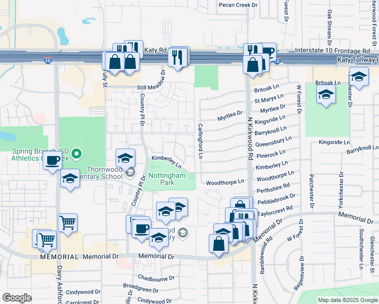 map of restaurants, bars, coffee shops, grocery stores, and more near 14222 Kimberley Lane in Houston