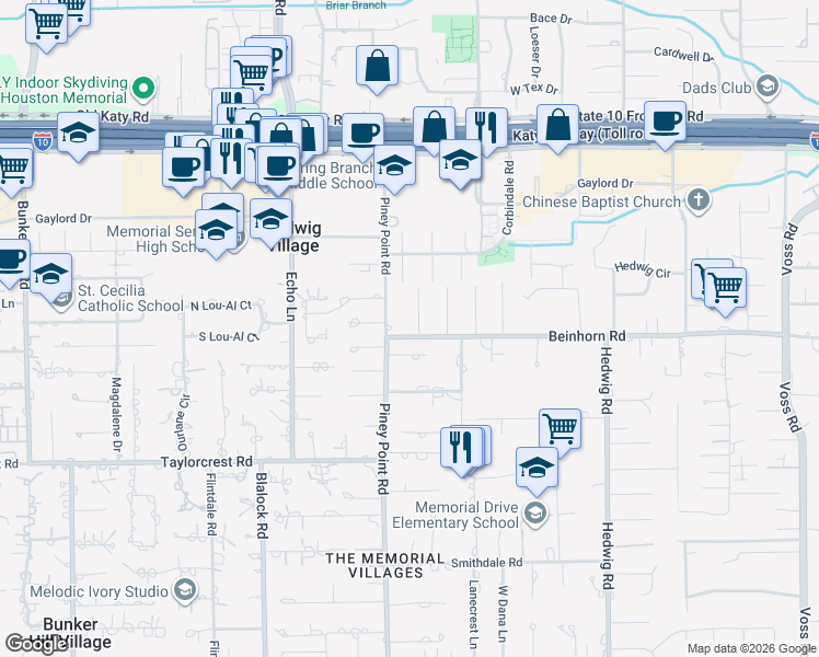 map of restaurants, bars, coffee shops, grocery stores, and more near 803 Heathcliff Court in Houston