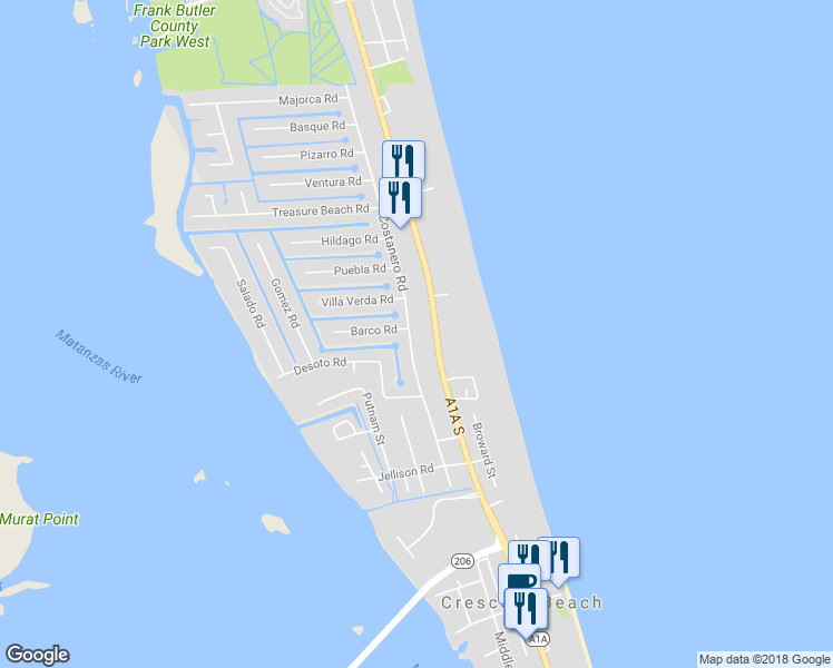 map of restaurants, bars, coffee shops, grocery stores, and more near 6288 Costanero Road in St. Augustine