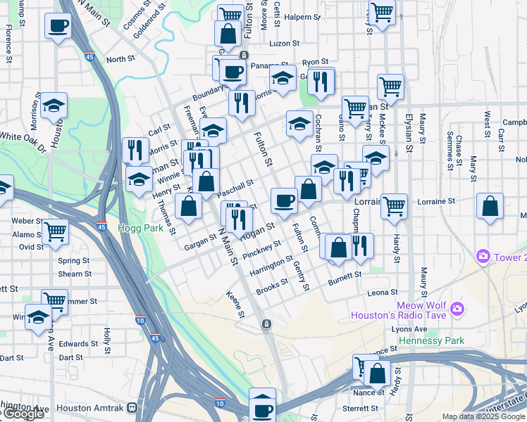 map of restaurants, bars, coffee shops, grocery stores, and more near 1914 Chestnut Street in Houston