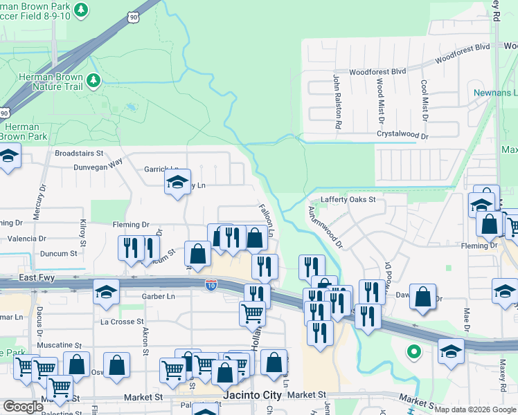 map of restaurants, bars, coffee shops, grocery stores, and more near 11058 Lafferty Oaks Street in Houston