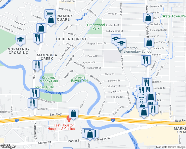 map of restaurants, bars, coffee shops, grocery stores, and more near 817 Westmont Drive in Houston