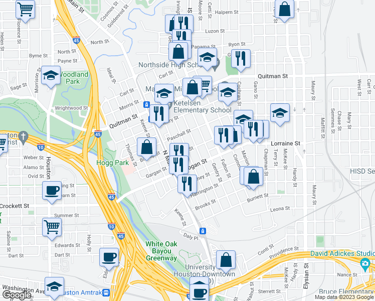 map of restaurants, bars, coffee shops, grocery stores, and more near James St in Houston