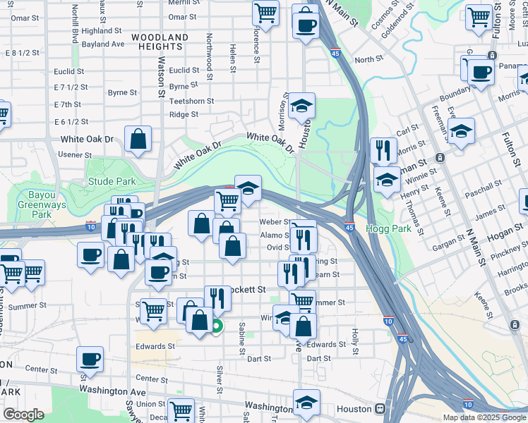 map of restaurants, bars, coffee shops, grocery stores, and more near 2312 Colorado Street in Houston