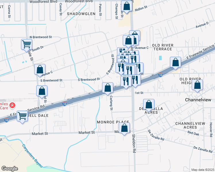map of restaurants, bars, coffee shops, grocery stores, and more near 104 East Freeway Service Road in Channelview