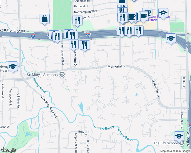 map of restaurants, bars, coffee shops, grocery stores, and more near 603 West Friar Tuck Lane in Houston