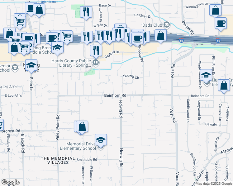 map of restaurants, bars, coffee shops, grocery stores, and more near 2 Hunters Branch Dr in Houston