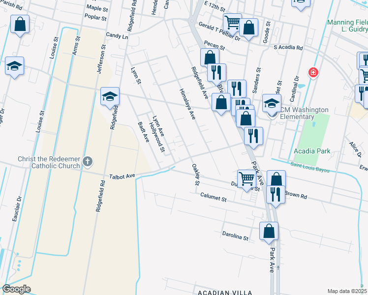 map of restaurants, bars, coffee shops, grocery stores, and more near 1732 Oakley Avenue in Thibodaux