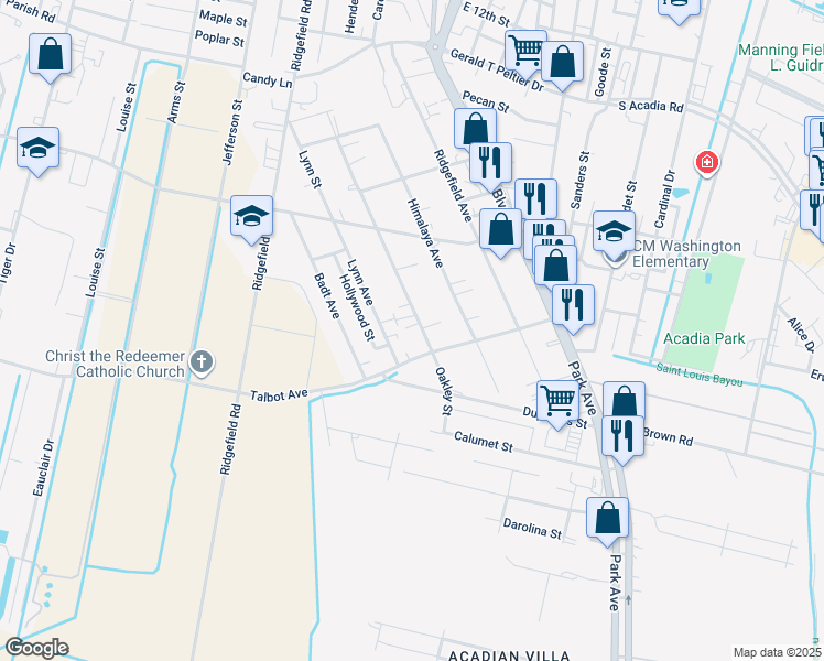 map of restaurants, bars, coffee shops, grocery stores, and more near 1732 Oakley Avenue in Thibodaux