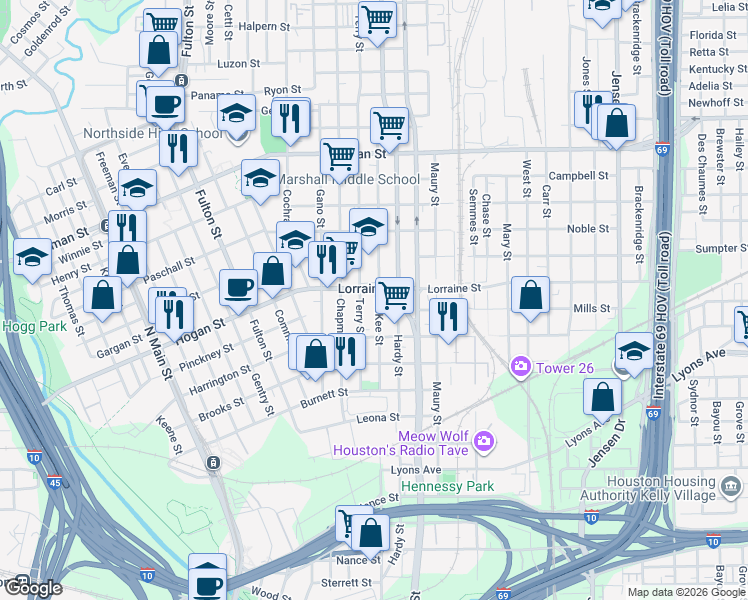 map of restaurants, bars, coffee shops, grocery stores, and more near 1816 McKee Street in Houston