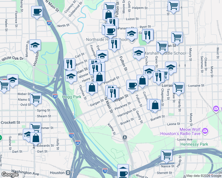 map of restaurants, bars, coffee shops, grocery stores, and more near 2005 Everett Street in Houston