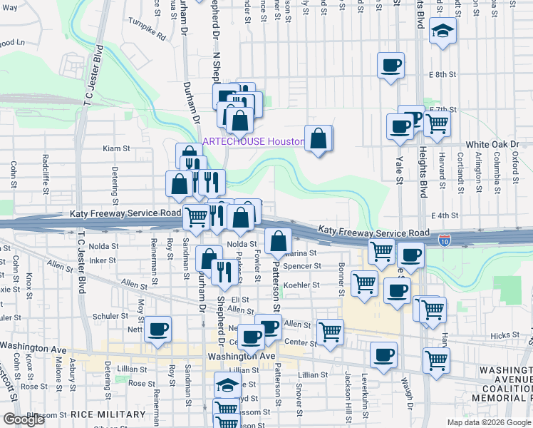 map of restaurants, bars, coffee shops, grocery stores, and more near 4602 Katy Freeway Service Road in Houston