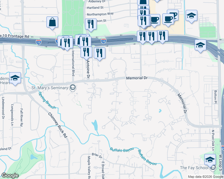 map of restaurants, bars, coffee shops, grocery stores, and more near 603 West Friar Tuck Lane in Houston