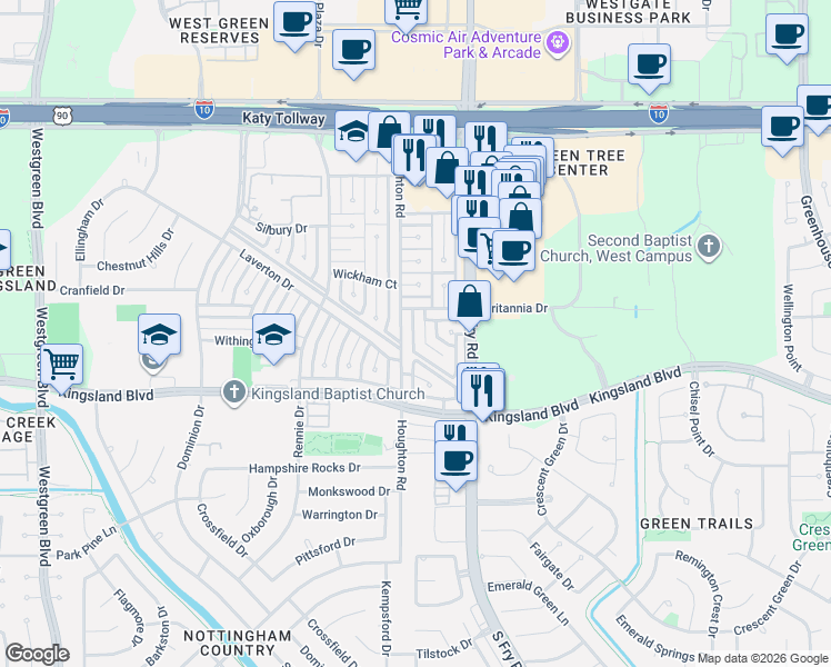 map of restaurants, bars, coffee shops, grocery stores, and more near 614 Aldersgate Court in Katy