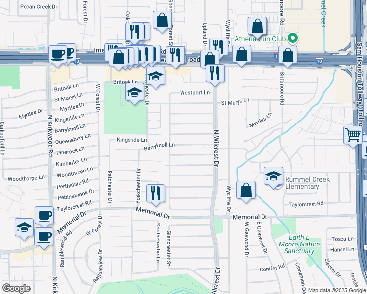map of restaurants, bars, coffee shops, grocery stores, and more near 13503 Barryknoll Lane in Houston