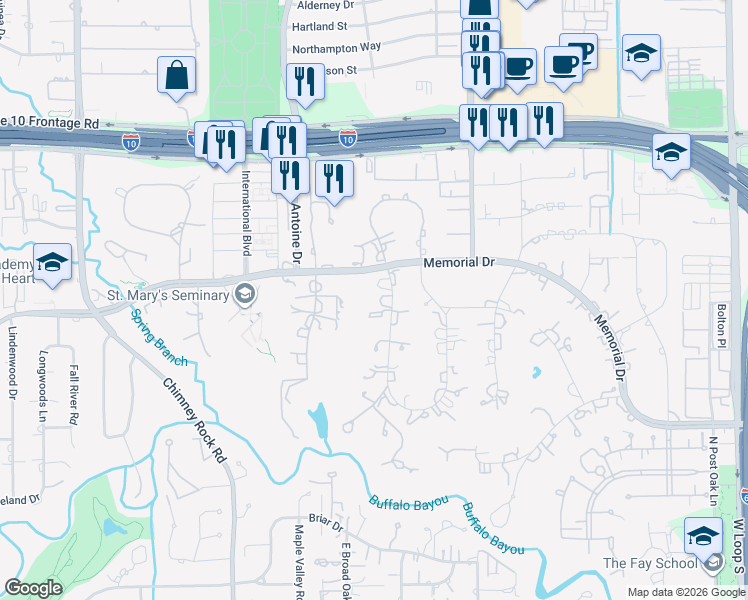 map of restaurants, bars, coffee shops, grocery stores, and more near 603 West Friar Tuck Lane in Houston