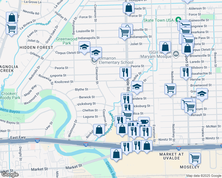 map of restaurants, bars, coffee shops, grocery stores, and more near 13350 Mobile Street in Houston