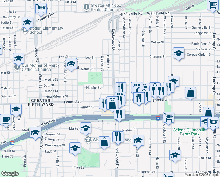 map of restaurants, bars, coffee shops, grocery stores, and more near 1803 Lockwood Drive in Houston