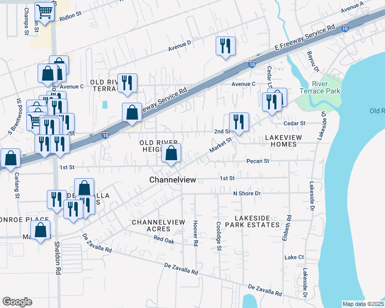 map of restaurants, bars, coffee shops, grocery stores, and more near 16219 Market Street in Channelview