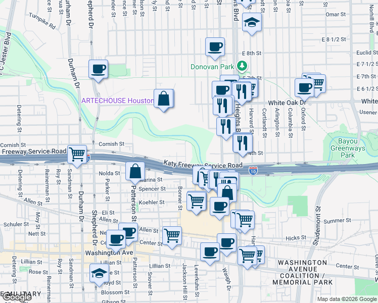 map of restaurants, bars, coffee shops, grocery stores, and more near 1912 Bonner Street in Houston