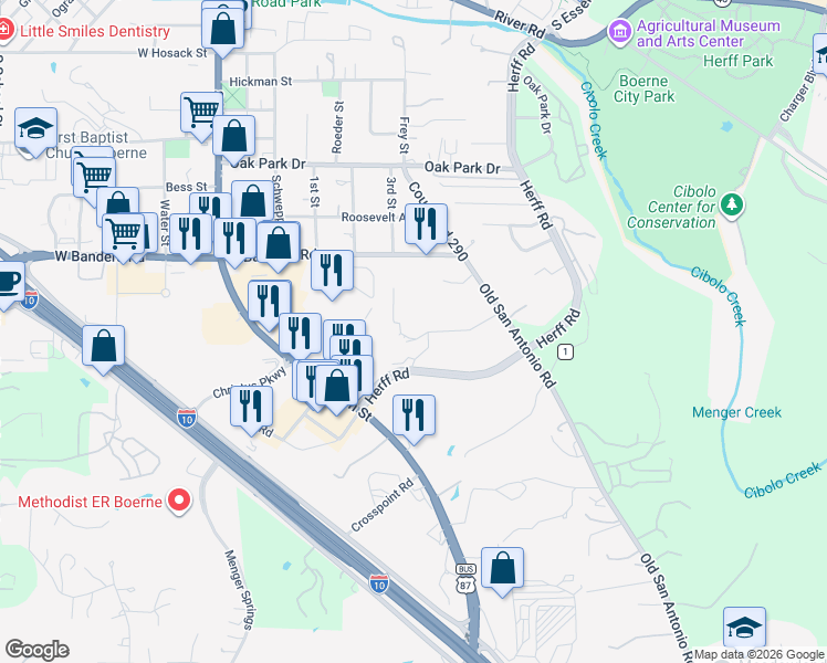 map of restaurants, bars, coffee shops, grocery stores, and more near 130 Gallant Fox Ln in Boerne