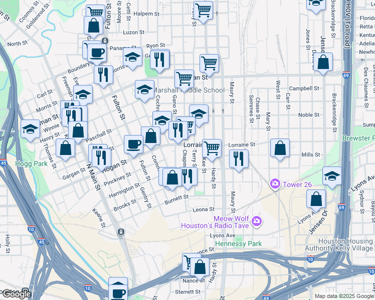 map of restaurants, bars, coffee shops, grocery stores, and more near 1816 Chapman Street in Houston