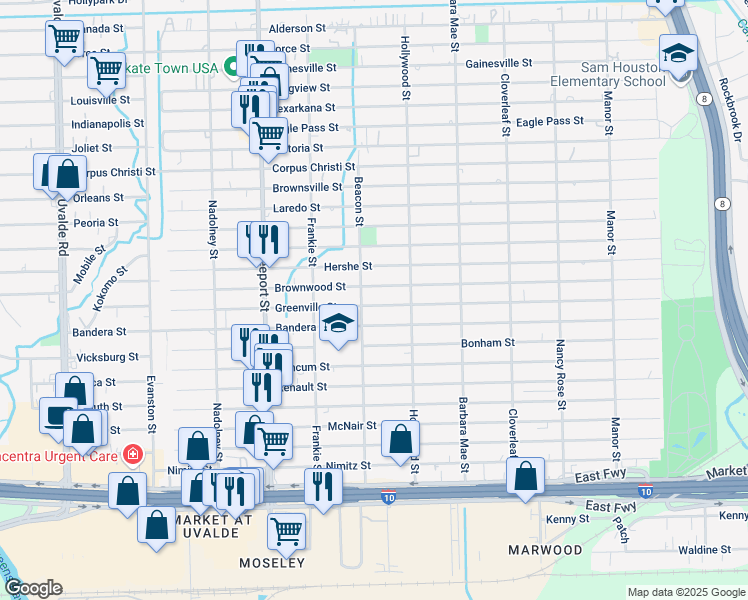 map of restaurants, bars, coffee shops, grocery stores, and more near 14115 Greenville Street in Houston