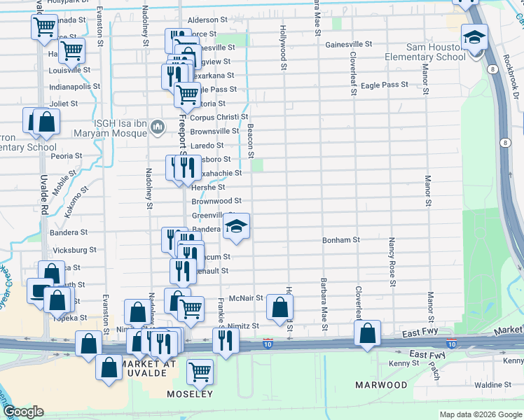 map of restaurants, bars, coffee shops, grocery stores, and more near 14115 Greenville Street in Houston