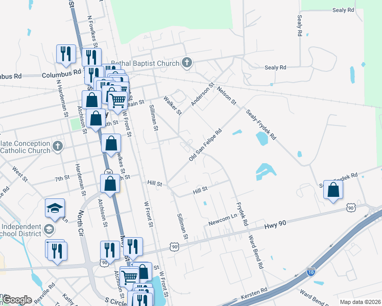 map of restaurants, bars, coffee shops, grocery stores, and more near 705 Frydek Road in Sealy