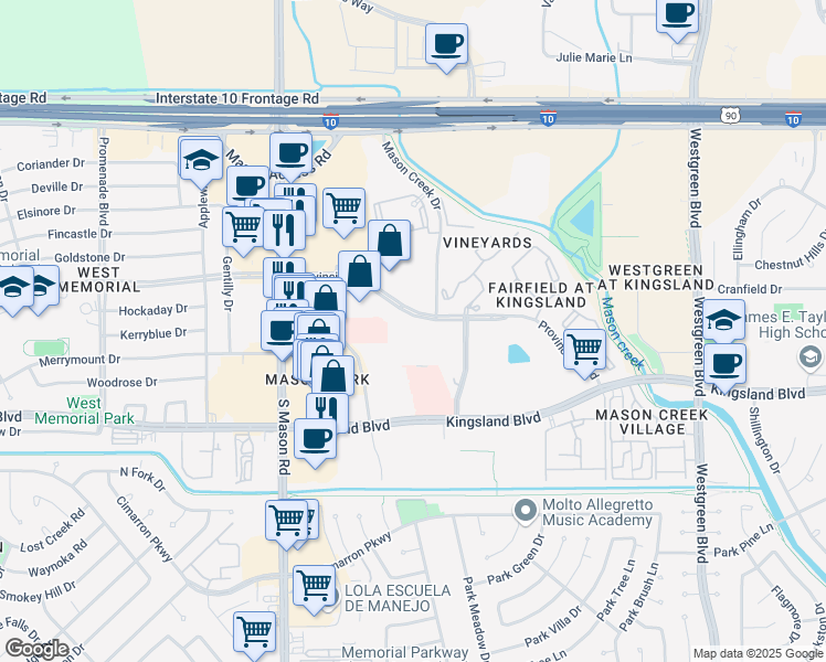 map of restaurants, bars, coffee shops, grocery stores, and more near 21727 Provincial Boulevard in Katy